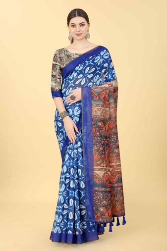 Silk Land  Blue  Printed Cotton Blend Saree 