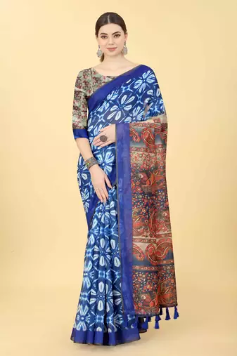 Silk Land  Blue  Printed Cotton Blend Saree 