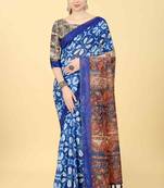 Silk Land  Blue  Printed Cotton Blend Saree 