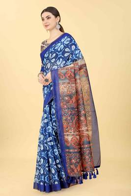 Silk Land  Blue  Printed Cotton Blend Saree  2