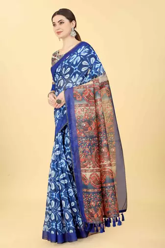 Silk Land  Blue  Printed Cotton Blend Saree 