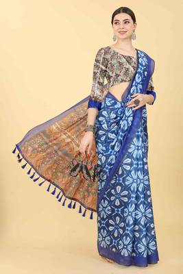 Silk Land  Blue  Printed Cotton Blend Saree  4