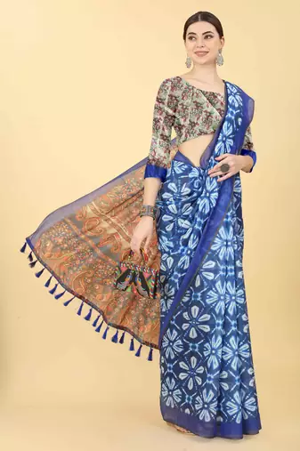 Silk Land  Blue  Printed Cotton Blend Saree 