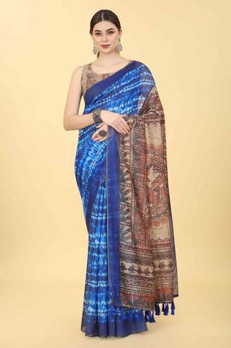 Silk Land  Blue  Printed Cotton Blend Saree 