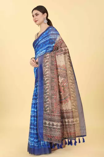 Silk Land  Blue  Printed Cotton Blend Saree 