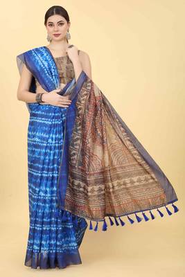 Silk Land  Blue  Printed Cotton Blend Saree  4