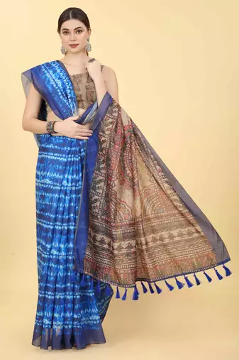 Silk Land  Blue  Printed Cotton Blend Saree 