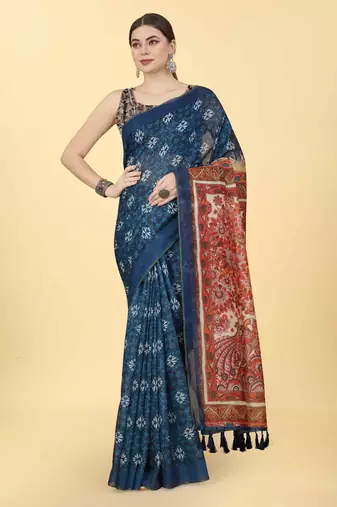 Silk Land  Blue  Printed Cotton Blend Saree 