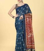Silk Land  Blue  Printed Cotton Blend Saree 