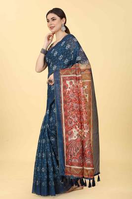 Silk Land  Blue  Printed Cotton Blend Saree  2