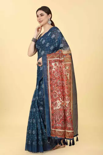 Silk Land  Blue  Printed Cotton Blend Saree 
