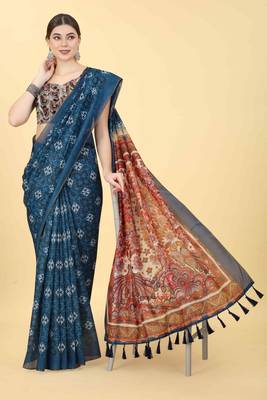 Silk Land  Blue  Printed Cotton Blend Saree  4