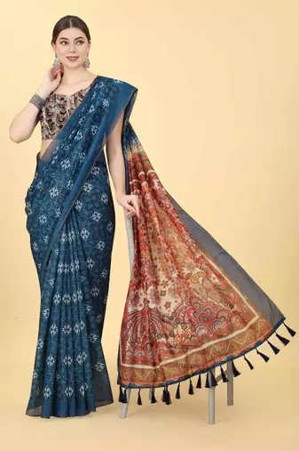 Silk Land  Blue  Printed Cotton Blend Saree 