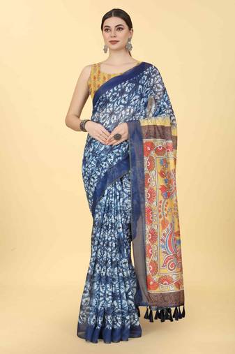 Silk Land  Blue  Printed Cotton Blend Saree 
