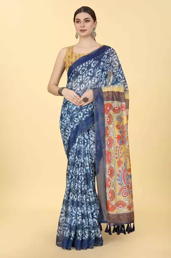 Silk Land  Blue  Printed Cotton Blend Saree 