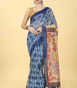 Silk Land  Blue  Printed Cotton Blend Saree 
