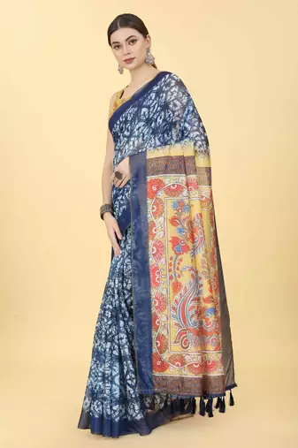 Silk Land  Blue  Printed Cotton Blend Saree 