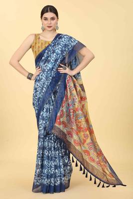Silk Land  Blue  Printed Cotton Blend Saree  4