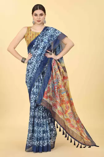 Silk Land  Blue  Printed Cotton Blend Saree 