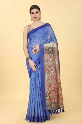Silk Land  Blue  Printed Cotton Blend Saree 