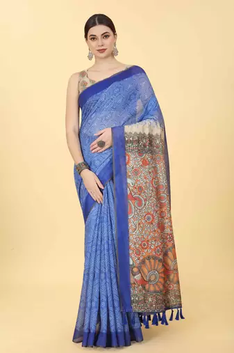 Silk Land  Blue  Printed Cotton Blend Saree 