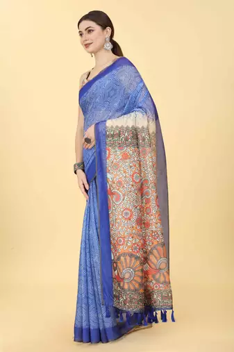 Silk Land  Blue  Printed Cotton Blend Saree 