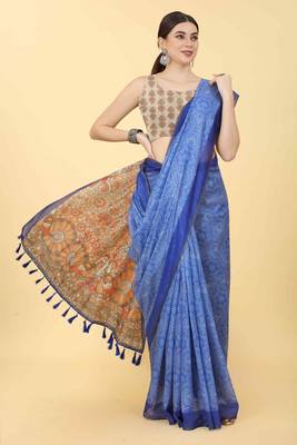 Silk Land  Blue  Printed Cotton Blend Saree  4