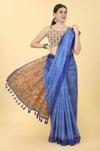 Silk Land  Blue  Printed Cotton Blend Saree 