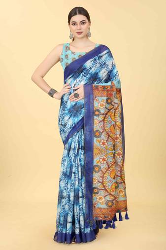 Silk Land  Blue  Printed Cotton Blend Saree 