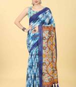 Silk Land  Blue  Printed Cotton Blend Saree 