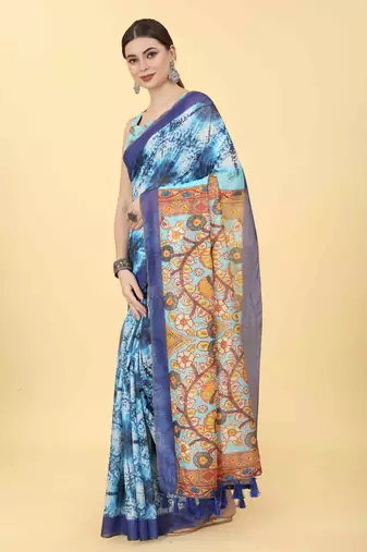 Silk Land  Blue  Printed Cotton Blend Saree 