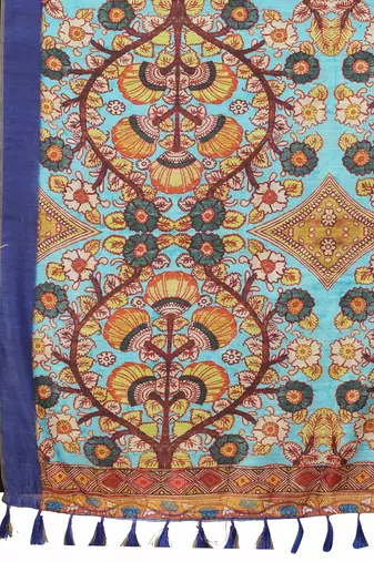 Silk Land  Blue  Printed Cotton Blend Saree 