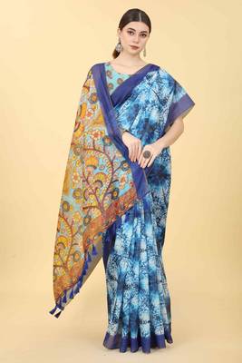 Silk Land  Blue  Printed Cotton Blend Saree  4