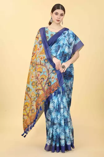 Silk Land  Blue  Printed Cotton Blend Saree 
