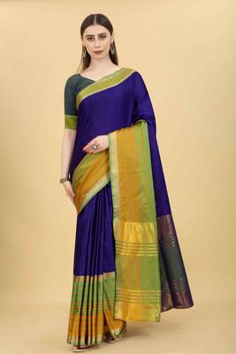 Silk Land  Blue  Solid Art Silk Saree  1