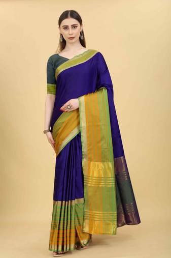 Silk Land  Blue  Solid Art Silk Saree 