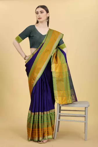 Silk Land  Blue  Solid Art Silk Saree 