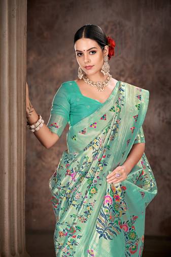 Silk Land  Teal  Embroidered Cotton Saree 