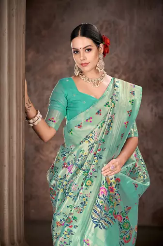 Silk Land  Teal  Embroidered Cotton Saree 