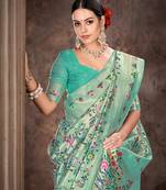 Silk Land  Teal  Embroidered Cotton Saree 