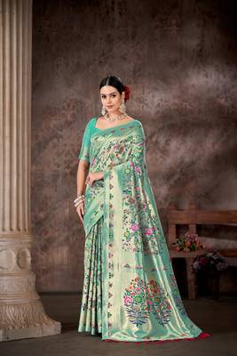 Silk Land  Teal  Embroidered Cotton Saree  2