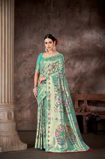 Silk Land  Teal  Embroidered Cotton Saree 