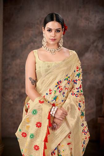 Silk Land  White  Embroidered Cotton Saree 