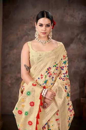 Silk Land  White  Embroidered Cotton Saree 