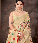 Silk Land  White  Embroidered Cotton Saree 