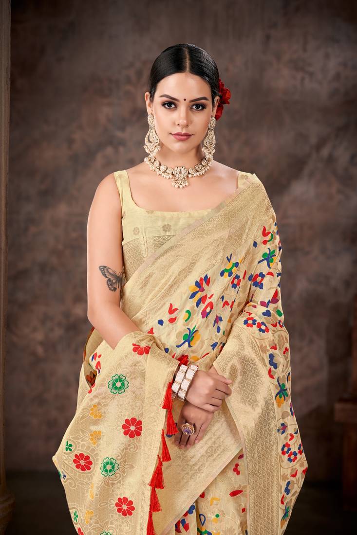 Silk Land  White  Embroidered Cotton Saree 