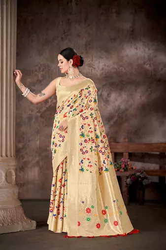 Silk Land  White  Embroidered Cotton Saree 