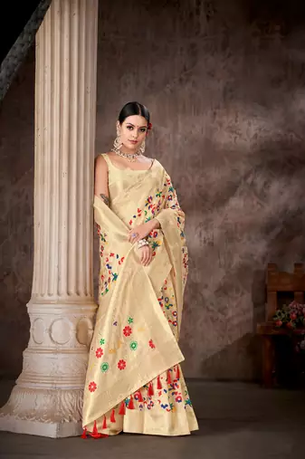 Silk Land  White  Embroidered Cotton Saree 