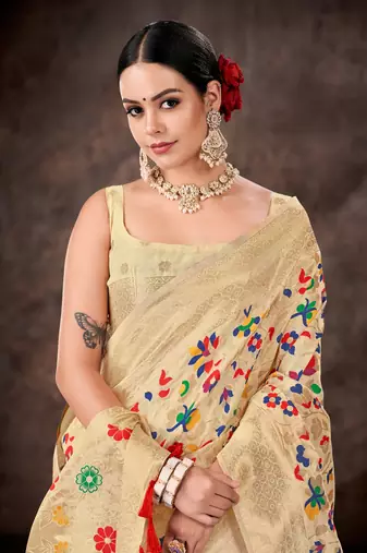 Silk Land  White  Embroidered Cotton Saree 