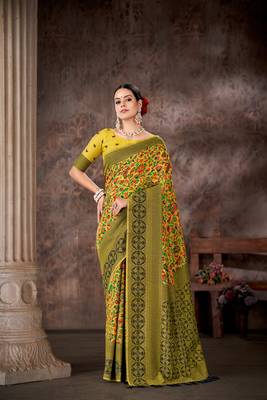 Silk Land  Mustard  Embroidered Cotton Saree  1